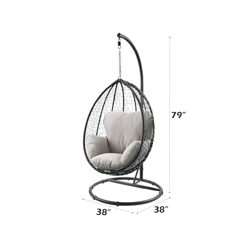 BKNROIHB Fabric & Wicker Hanging Chair with Stand, All-Weather Resin Wicker, Steel Frame, Foam Filling Cushion, Adjustable Headrest(Beige Black)