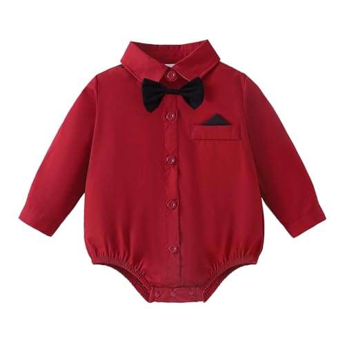 Image of SOBOWO Infant Baby Boy Formal Dress Shirt Bodysuit Long Sleeve Button Up One-Piece Collar Romper Jumpsuit Wedding Party 0-24M