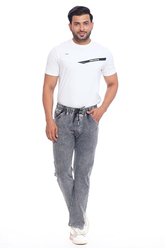 Image of Men's Denim Joggers, Regular Fit, Mid Rise, Stretchable Cotton Blend, Drawstring Waist, Soft Fabric, Multiple Pockets, Tapered Leg Casual Pants