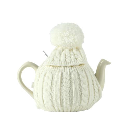 Image of One-Piece Cable Knit Teapot Cozy with Pom Pom Top, Acrylic Insulated Tea Pot Cover with 2 Button Fasteners & Lid Opening, British Style Hot Cold Insulator for 2 Cup 15-20oz Teapots,white