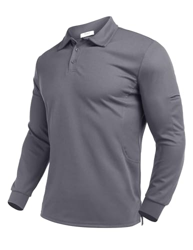 PINSPARK Poloshirts Herren Langarm Atmungsaktiv Polohemd Sonnenschutz Golf Polo Shirt Männer Sport Tennis Slim Fit Langarmshirt mit Tasche Herbst Dunkelgrau...