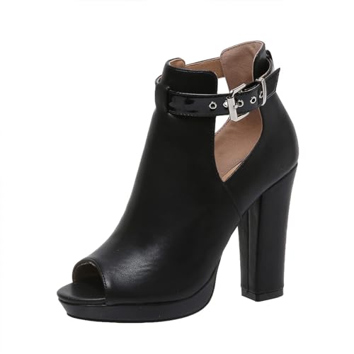 ZDLJYL Women's Open Peep Toe Booties Cutout Side Strap Mid Black Chunky Heel Fashion Ankle Bootie Summer Travel Sandals for Women