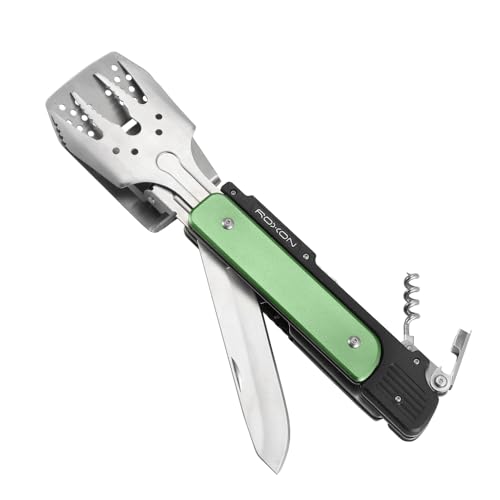 Image of ROXON S601 14 inch 6 in 1 MBT3 Folding Grill Utensils Set Fork Spatula Grilling Knife Tongs Opener for Backyard Barbecue and Camping(Green)