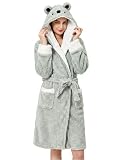 TIMSOPHIA Plush Robes For Women, Fuzzy Womens Koala Robe,Soft Warm Women's Bathrobe with Hood for Bath Spa Shower House, Gray, Large