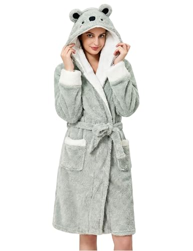 TIMSOPHIA Plush Robes For Women, Fuzzy Womens Koala Robe,Soft Warm Women's Bathrobe with Hood for Bath Spa Shower House, Gray, Medium
