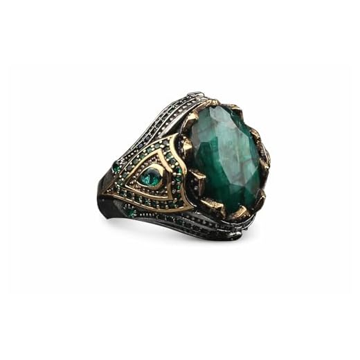 Emerald Stone Men Silver Ring, 925 Sterling Silver Emerald Gemstone Ring, Handmade Engraved Turkish Silver Ring with Natural Emerald Stone gifts for men handmade rings valentines day gifts for him