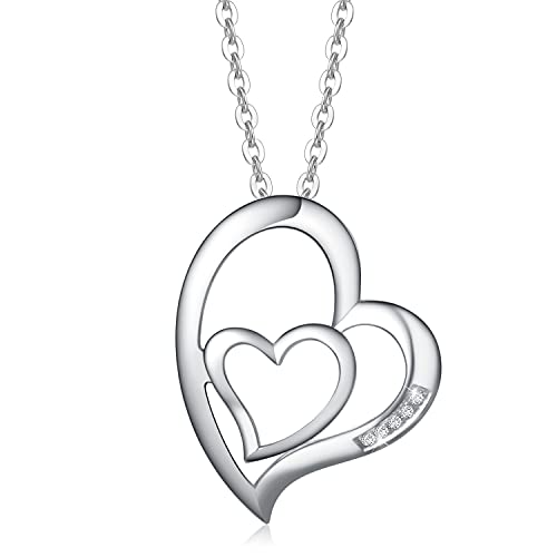 Mothers Day Gifts FANCIME Genuine Diamond Necklace Mother Daughter Double Heart Necklace in Sterling Silver 0.016ct Diamond Pendant Fine Jewlery for Women 16+2 inches