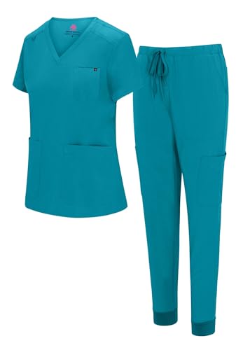 Natural Uniforms Womens 10 Pocket Cool Stretch Jogger Scrub Set (Teal X-Large)
