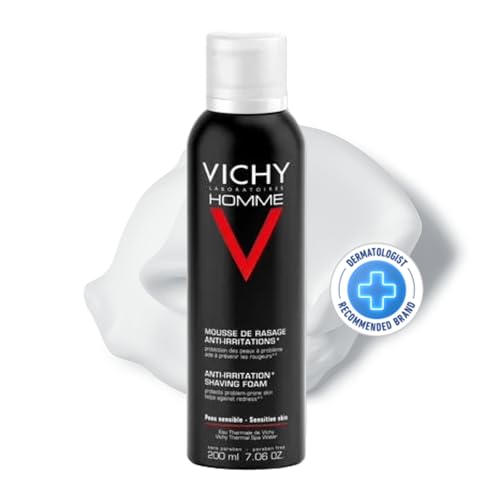 Vichy Men’s Gentle Moisturizing Shaving Foam Cream, Homme Anti-Irritation Shaving Foam for Sensitive Skin, with Vitamin C and Salicylic Acid, 200mL