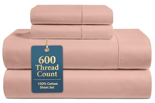 LANE LINEN Queen Sheet Sets – Natural 100% Cotton 600 Thread Count Cooling Sheets Queen, Soft Comfort for Restful Sleep, Easy Care & Machine Washable for Everyday Use, 15