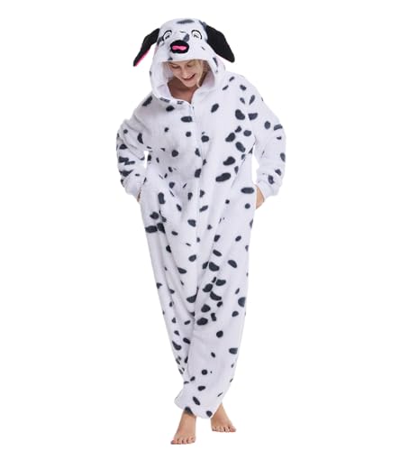 Kgromfy Adult Dalmatians Costume Dog Cosplay Pajamas Animal One Piece Spotted Dog Onesie Halloween Outfit Jumpsuit Sleepwear XL
