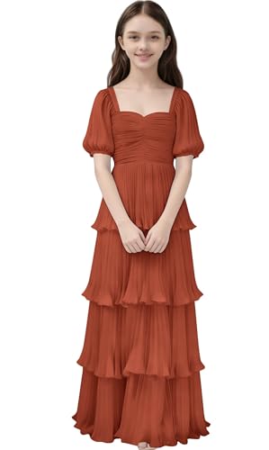 Ciynsia Ruffle Junior Bridesmaid Dress with Sleeves 2026 Chiffon Tiered Pleated Elegant Flower Girl Dresses for Wedding Party Girls A Line Square Neck Princess Formal Pageant Dresses Rust Red Size 16
