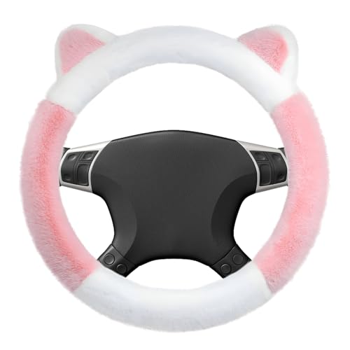 shallyong Couvre Volant Voiture Hiver, Housse Volant Voiture en Peluche avec Oreilles, Protection Volant Chaude & Antidérapante, Décoration Intérieure de Voitures Mignonne (Rose et Blanc)