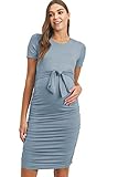 LaClef Maternity Short Sleeve Bodycon Dress with Tie Front, Side Ruched (Dusty Blue,Medium)