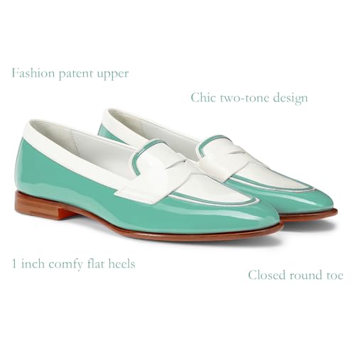 Image of Women Patent Slip On Loafer Flats Two Tone Round Toe Flat Heel Penny Loafers Casual 1 inch Low Heel Loafer Dress Shoes Oxford Comfort Chic Colorblock Office Ladies 4-11 M US