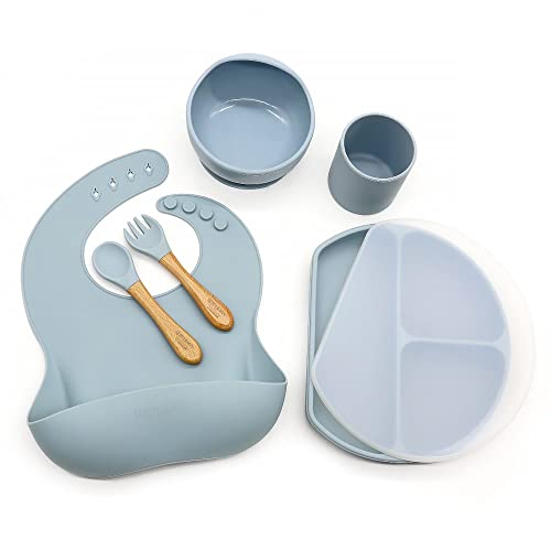 Image of Silicone Baby Led Weaning Supplies-Baby Bowls and Spoons First Stage-Utensils for Toddler-Dinnerware Dish Set for Eating Solid Food-Easy Clean Silicone-6 Piece Set, Dusty Blue