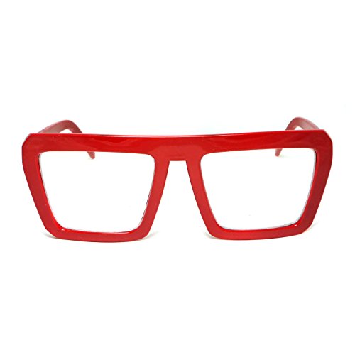 Moda Retro Geometric Bold Flat Top Nerd Square Frame Clear Len Eye Glasse (Red, Cl... #TOP2