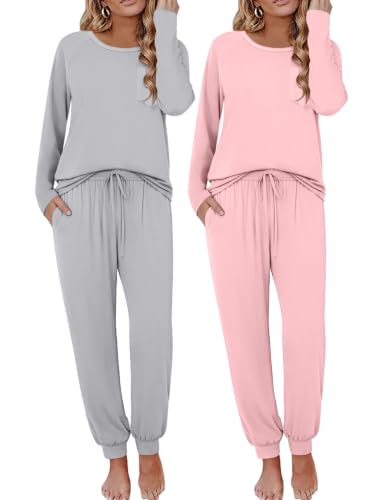 Image of Ekouaer 2 Pack Womens Pajama Sets Long Sleeve Pjs Soft Comfy Lounge Set
