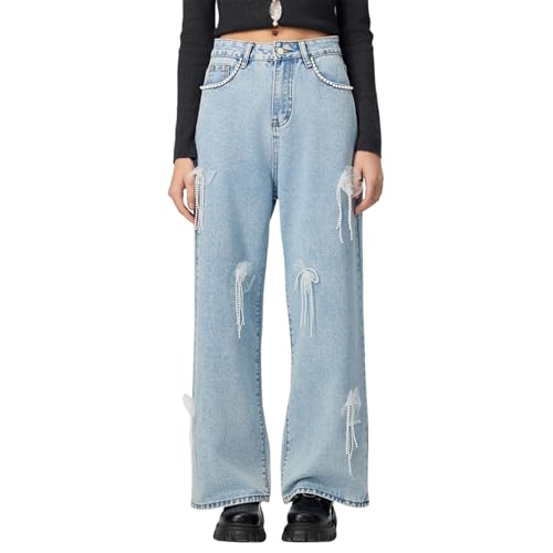 Baggy Jean for Women High Waist Wide Leg Cute Soft Denim Pant Solid Color Fashion Comfy Stretchy Fall Pearl Clothes XS-XL