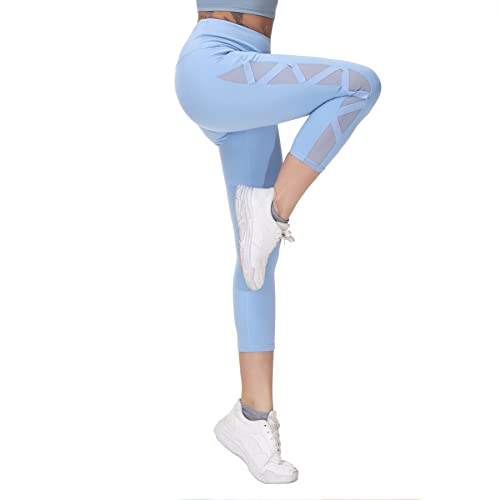 Romansong High Waisted Workout Compression Capri Leggings For Women Petite Skinny Mesh Gym Legings With Pockets(Light Blue,Small) #TOP1