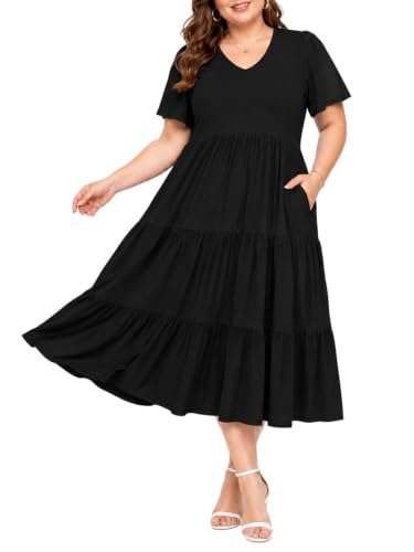 Image of Women's Plus Size Summer Dresses Floral Casual Tiered Midi Dresses V-Neck Short Sleeve Long Maxi Dress with Pockets