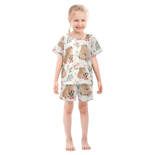ALAZA Capybara Flower Leaves Pajamas Short Sleeve 2 Piece Sleepwear Top and Bottom Pajama Set Unisex3