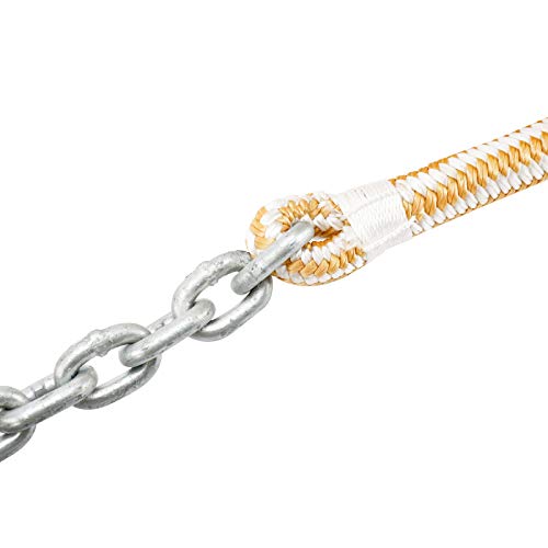 Novelbee 1/2 Inch Double Braid Nylon Rope With 1/4 Inch X 15 Feet Galvanized Chain For Boat Anchor Rope And Dock Line (White/Gold, Length:200') #TOP3