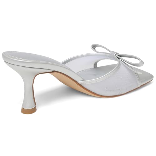 Image of Womens Heeled Sandals Open Square Toe Kitten Heels Sandals Slip On Bow Mesh Mules Heels Comfortable Dress Shoes for Party Wedding
