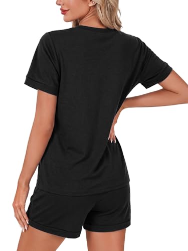 Image of LYANER Pajama Set for Women 2 Piece Lounge Set Striped Crew neck Short Sleeve Tops and Shorts Soft Sleepwear