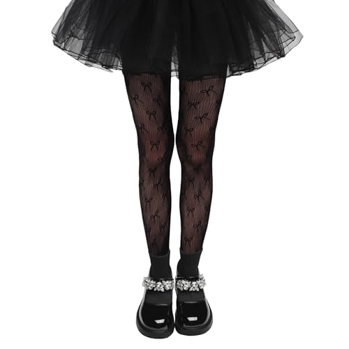 Girls Lace Fishnet Tights Toddler Sheer Patterned Stockings Hollow Dance Pantyhose for Kids Halloween Tights Black Bow 5-8 Years