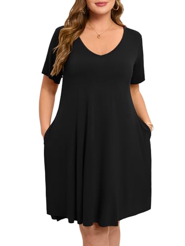 Image of ZENNILO Women's Plus Size Swing Dress with Pockets Casual Summer Dresses V Neck Short Sleeve T Shirt Dress for Women