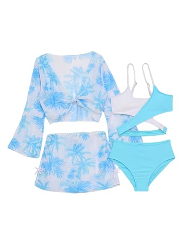 Choomomo Girl's 4 Piece Swimsuits Tankini Bathing Suit Sets Tropical Leaves Print Bathing Suit Cover Ups Beach Skirt Blue 11-12 Years