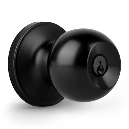 Gaurqiah Pomo de puerta de entrada con llave, diseño de bola para interior y exterior, cerradura redonda reversible para puertas de entrada delantera, negro mate