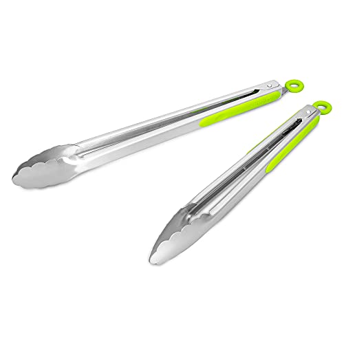 304 Stainless Steel Kitchen Cooking Tongs, 12 & 14 Inch, Set of 2, Green