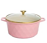 Dutch Oven mit Deckel, 7 Qt emailliertes Gusseisen, Rosa mit goldenen Details, Rautenmuster außen