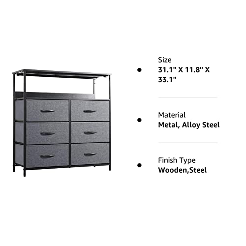 Lyncohome Dresser For Bedroom 6 Drawer Dresser With Shelves Fabric Dresser For Closet, Living Room Tv Stand Office Sturdy Steel Frame Wooden Top(Gray) #TOP7
