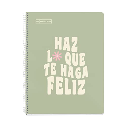 Miquelrius - Cuaderno A4, Notebook mensajes, 1 Franja de color, 80 Hojas de 90 g/m², Rayado horizontal de 7 mm, 4 Taladros, Cubierta de cartón duro, Color verde salvia