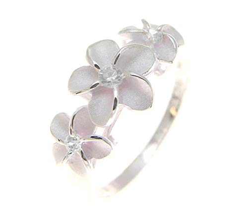 Arthur's Jewelry Sterling silver 925 3 Hawaiian plumeria flower ring clear cz size 3 to 10 - Main Image