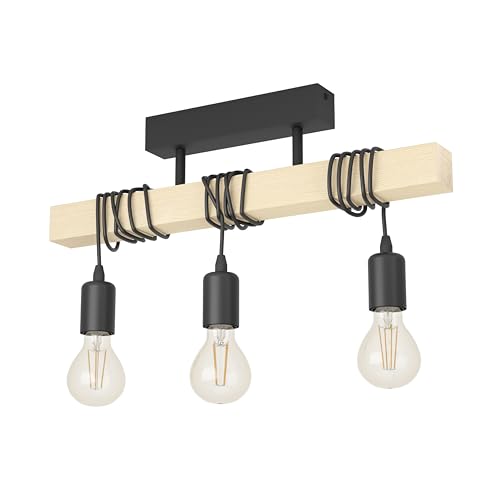EGLO Deckenlampe Townshend, 3 flammige Vintage Deckenleuchte im Industrial Design, Retro Pendelleuchte aus Stahl und Holz, Schwarz, braun, FSC zertifiziert, E27 Fassung EGLO Deckenlampe Townshend, 3 flammige Vintage Deckenleuchte im Industrial Design, Retro Pendelleuchte aus Stahl und Holz, Schwarz, braun, FSC zertifiziert, E27 Fassung