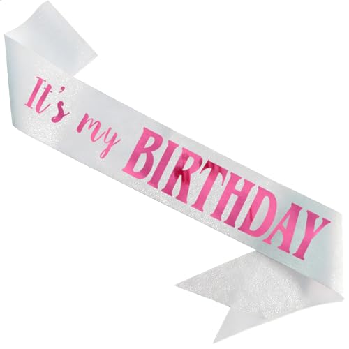 MUMUNN It's My Birthday Sash, Pink Foil Letter Glitter White Birthday Sash for Women Girl Kids Teenager Funny Bday Gifts Party Favors Photo Prop