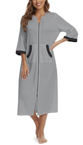 Zipper Robes for Women 3/4 Sleeve Housecoats Long Lightweight Bathrobe House Dress with Pockets