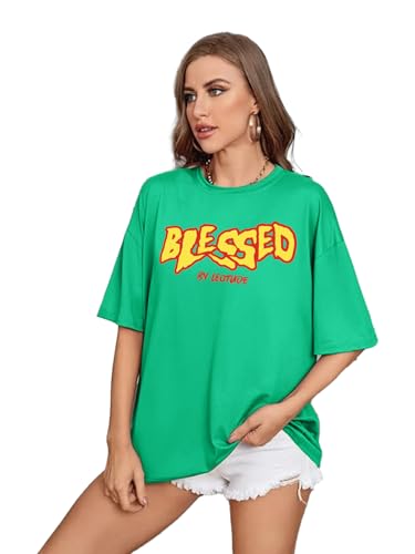 Image of LEOTUDE Women's Oversized Round Neck Half Sleeve Cotton Blend Graphic Printed T-Shirt | Top for Women & Girls (Color: Blue)