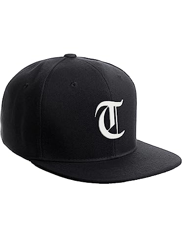 Daxton Classic Snapback Hat Old English Font Alphabet A to Z Flat Bill Visor Cap, Black Hat, White T