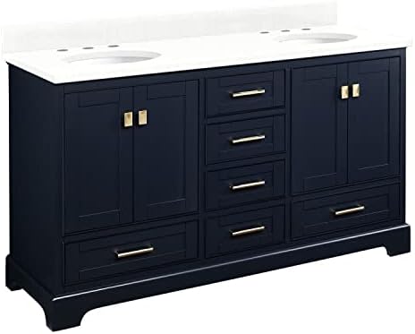 Signature Hardware 483469 Quen 60" Free Standing Double Basin Vanity Set with Cabinet, Vanity Top, and Undermount Sink - 3 Faucet Holes - Midnight Navy Blue/Feathered White Quartz