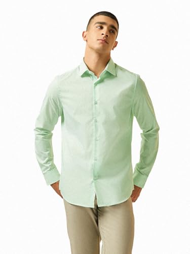 Image of THE BEAR HOUSE Men's Green Vertical Striped Tailored Fit Formal Shirt