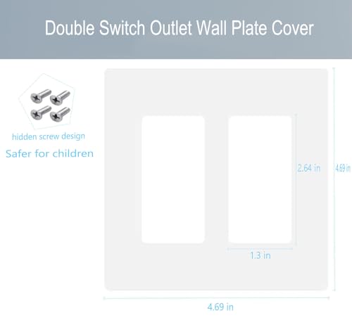 2-Gang Screwless Decora Wall Plate Cover Double Switch Outlet Electrical Faceplate for Light Switch, Smart Switch, Receptacle, Dimmers, USB Outlet, GFCI, Child Safe Cover Plate, White (10-Pack)