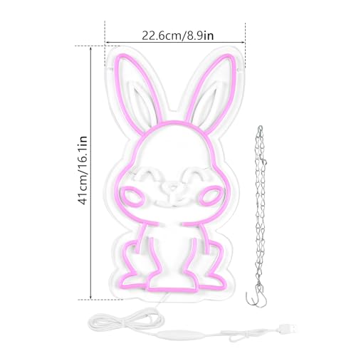 Image of Easter Rabbit Neon Sign for Wall Decor,Dimmable Led Pink Rabbit Neon Signs, USB Powered Rabbit Neon Lights for Children's Room Decoration, Easter Gifts, Birthday Parties Gift