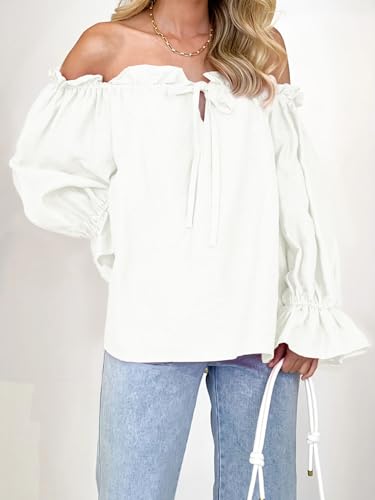 Imily Bela Womens Off The Shoulder Tops Puff Long Sleeve Tie Front Loose Fit Ruffle Shirts Blouses4