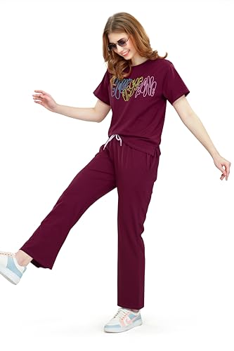 Image of ZEYO Women's Cotton Typography Wide Bottom Night Suit Set of Top & Pajama Set