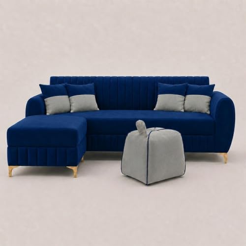 Image of CASASTYLE Signature Velour 4-Seater L-Shape Sofa Set with Movable Ottoman & Suri Pouf | Flexible LHS /RHS Layout | Boston Fabric | 40D Foam + Zigzag Spring | 3-Yr Warranty (Midnight Blue, Light Grey)